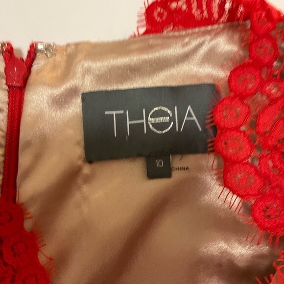 Theia Red Lace Midi Shift Dress US 10 Red Nude Sleeves Belted - Picture 5 of 7